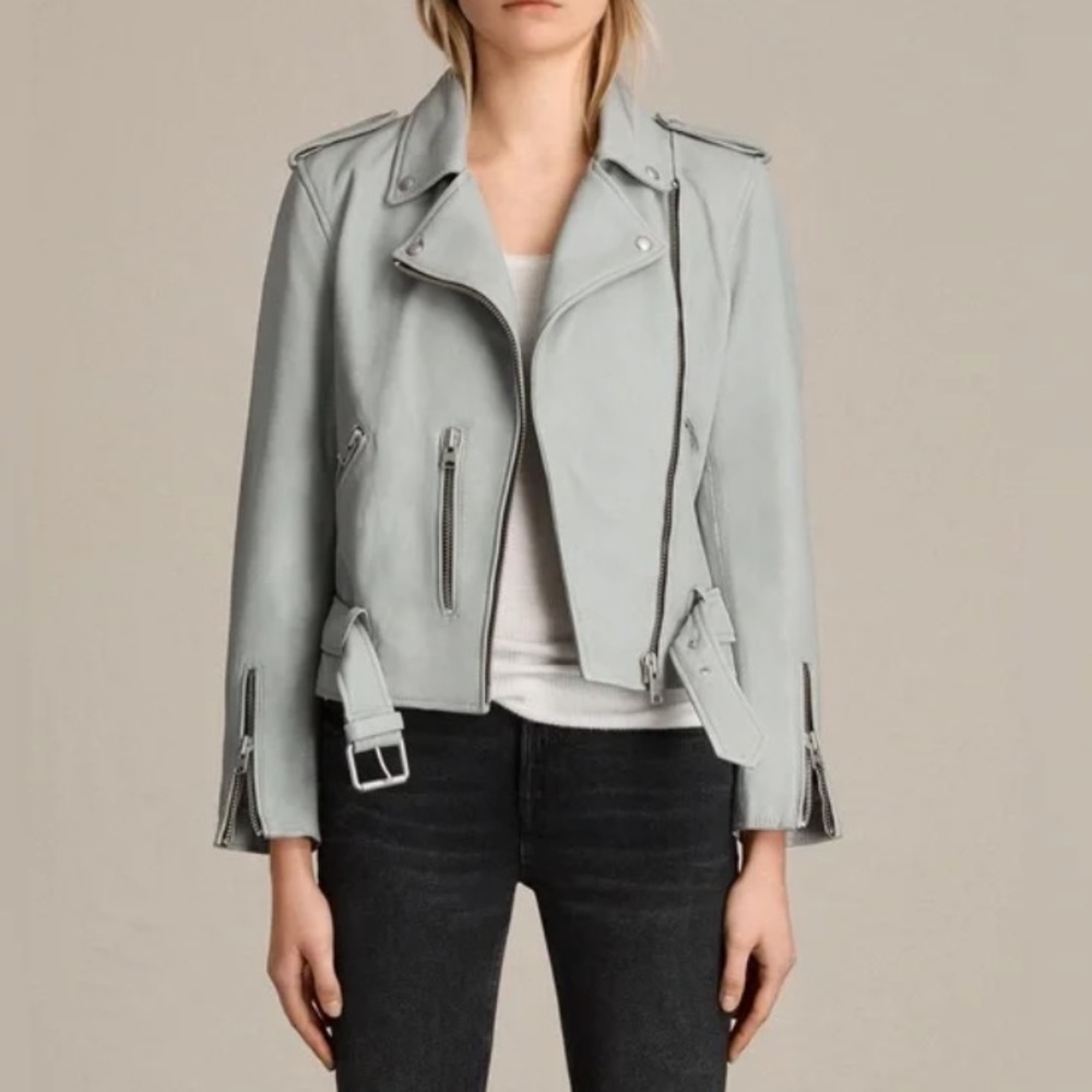 All Saints Baldwin Blue Leather Moto Belted Jacket 4 36